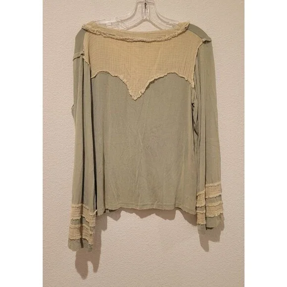 Nwot POL Ribbed Long Sleeve Henley Shirt Top Green Distressee Oversized Small - Picture 4 of 11